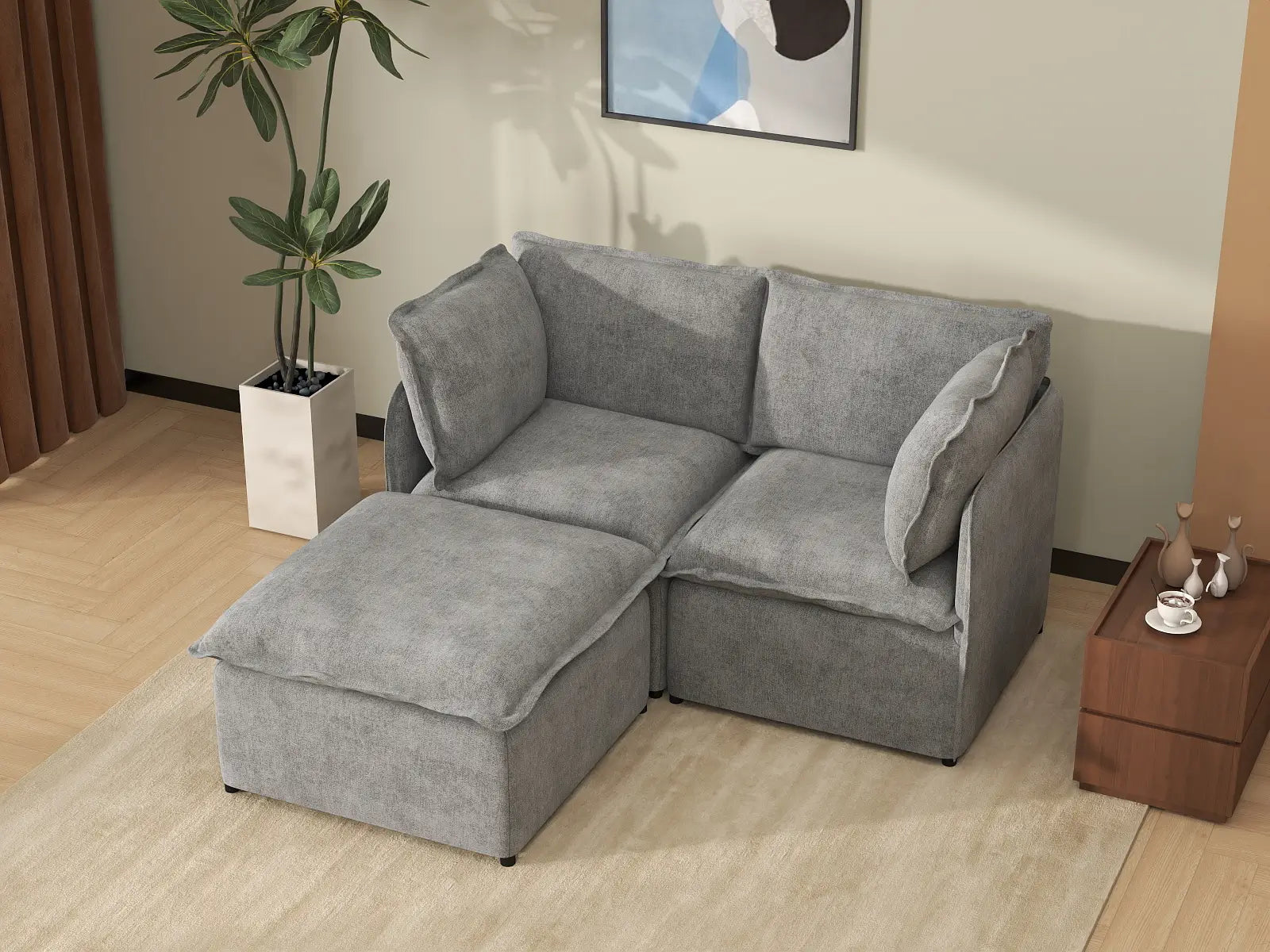 Deluxe Cloud 2-Seater Grey Small Space Chaise Sectional | 3-Piece (Includes 1 Ottoman), Linen Look Poly Fabric, Easy To Clean