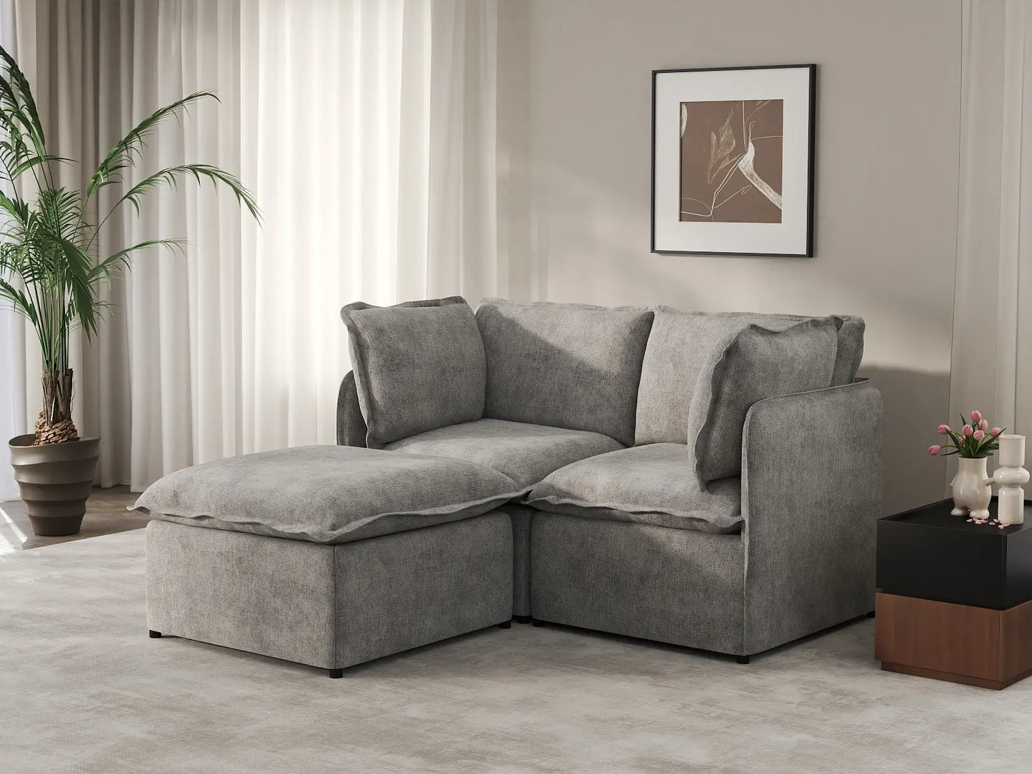 Deluxe Cloud 2-Seater Grey Small Space Chaise Sectional | 3-Piece (Includes 1 Ottoman), Linen Look Poly Fabric, Easy To Clean
