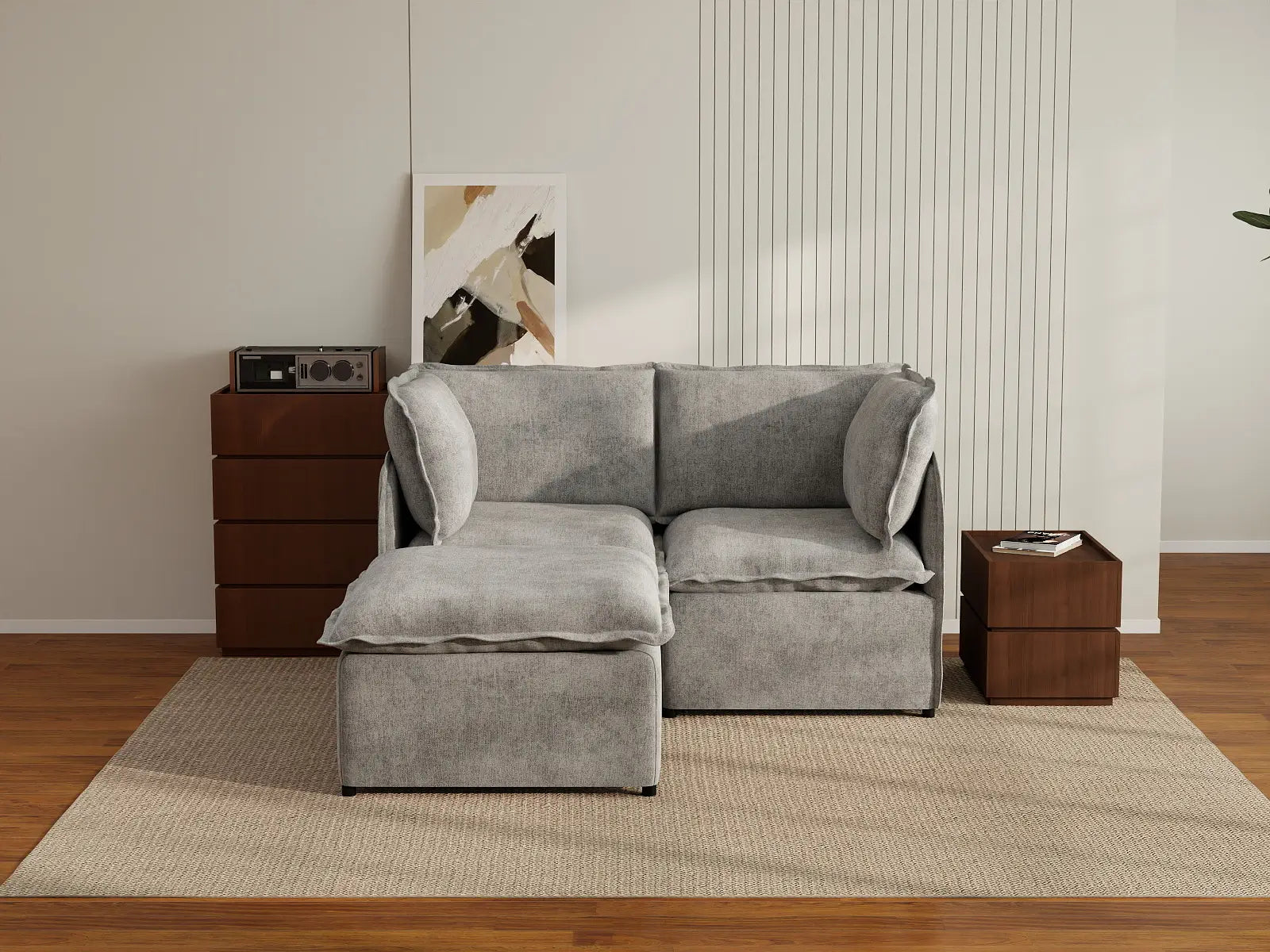 Deluxe Cloud 2-Seater Grey Small Space Chaise Sectional | 3-Piece (Includes 1 Ottoman), Linen Look Poly Fabric, Easy To Clean