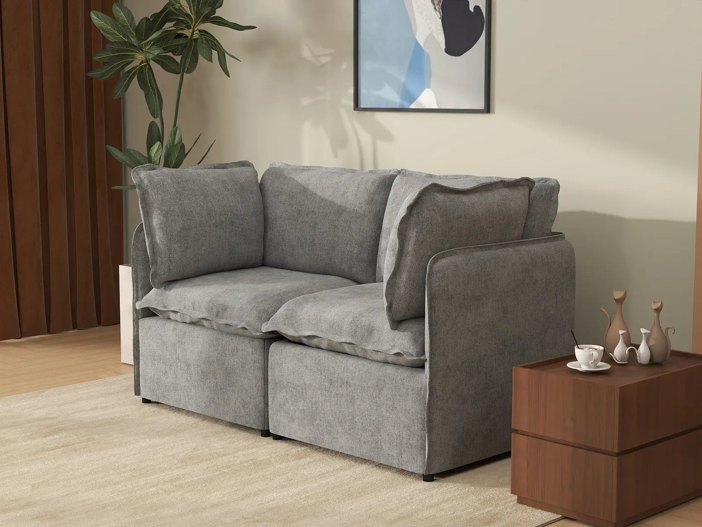 Deluxe Cloud 2-Seater Grey Small Space Loveseat | 2-Piece, Linen Look Poly Fabric, Easy To Clean