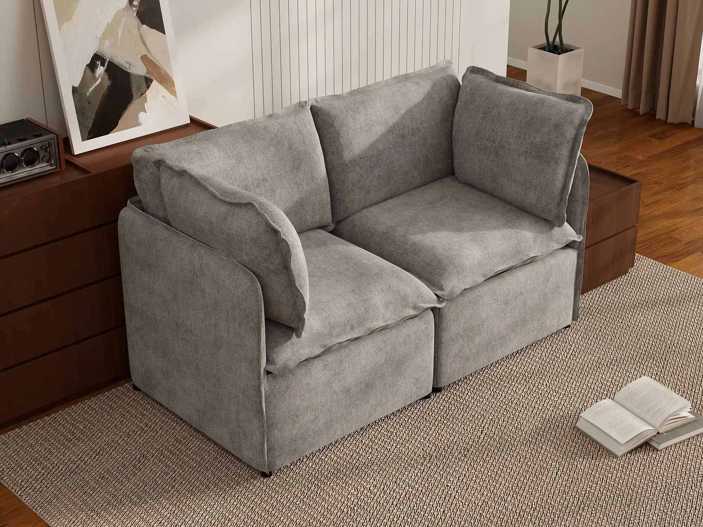 Deluxe Cloud 2-Seater Grey Small Space Loveseat | 2-Piece, Linen Look Poly Fabric, Easy To Clean