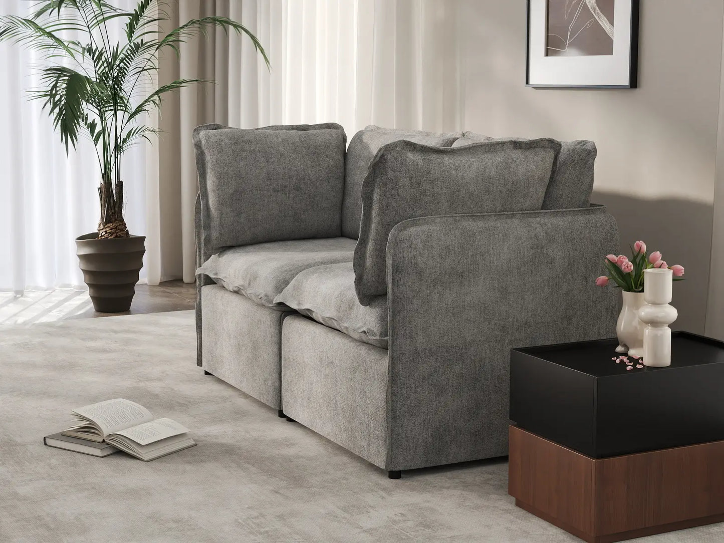 Deluxe Cloud 2-Seater Grey Small Space Loveseat | 2-Piece, Linen Look Poly Fabric, Easy To Clean