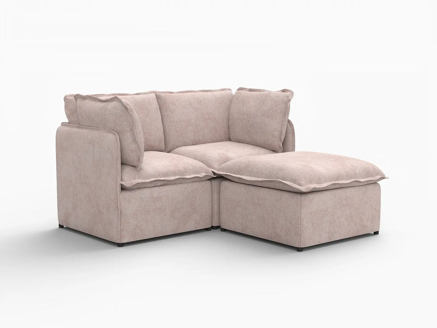 Deluxe Cloud 2-Seater Khaki Chaise Sectional | 3-Piece (Includes 1 Ottoman), Linen Look Poly Fabric, Washable Cushion Covers