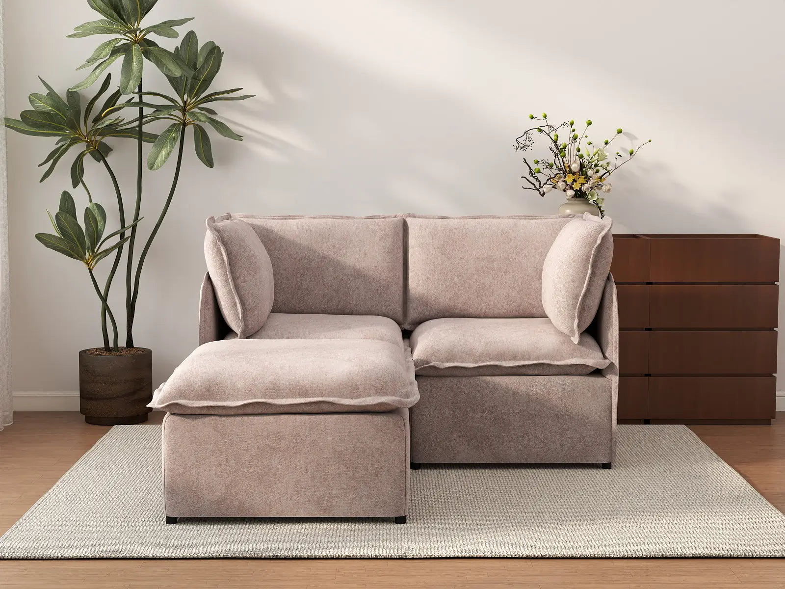 Deluxe Cloud 2-Seater Khaki Chaise Sectional | 3-Piece (Includes 1 Ottoman), Linen Look Poly Fabric, Washable Cushion Covers