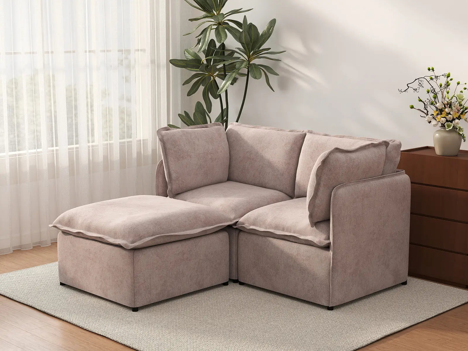 Deluxe Cloud 2-Seater Khaki Chaise Sectional | 3-Piece (Includes 1 Ottoman), Linen Look Poly Fabric, Washable Cushion Covers