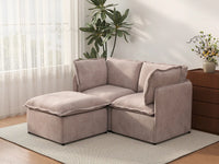 Deluxe Cloud 2-Seater Khaki Chaise Sectional | 3-Piece (Includes 1 Ottoman), Linen Look Poly Fabric, Washable Cushion Covers