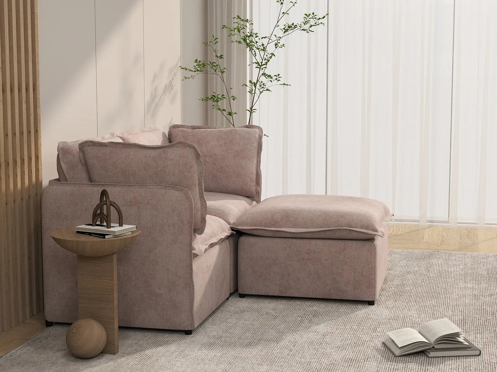 Deluxe Cloud 2-Seater Khaki Chaise Sectional | 3-Piece (Includes 1 Ottoman), Linen Look Poly Fabric, Washable Cushion Covers