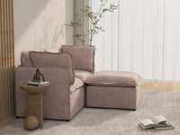 Deluxe Cloud 2-Seater Khaki Chaise Sectional | 3-Piece (Includes 1 Ottoman), Linen Look Poly Fabric, Washable Cushion Covers