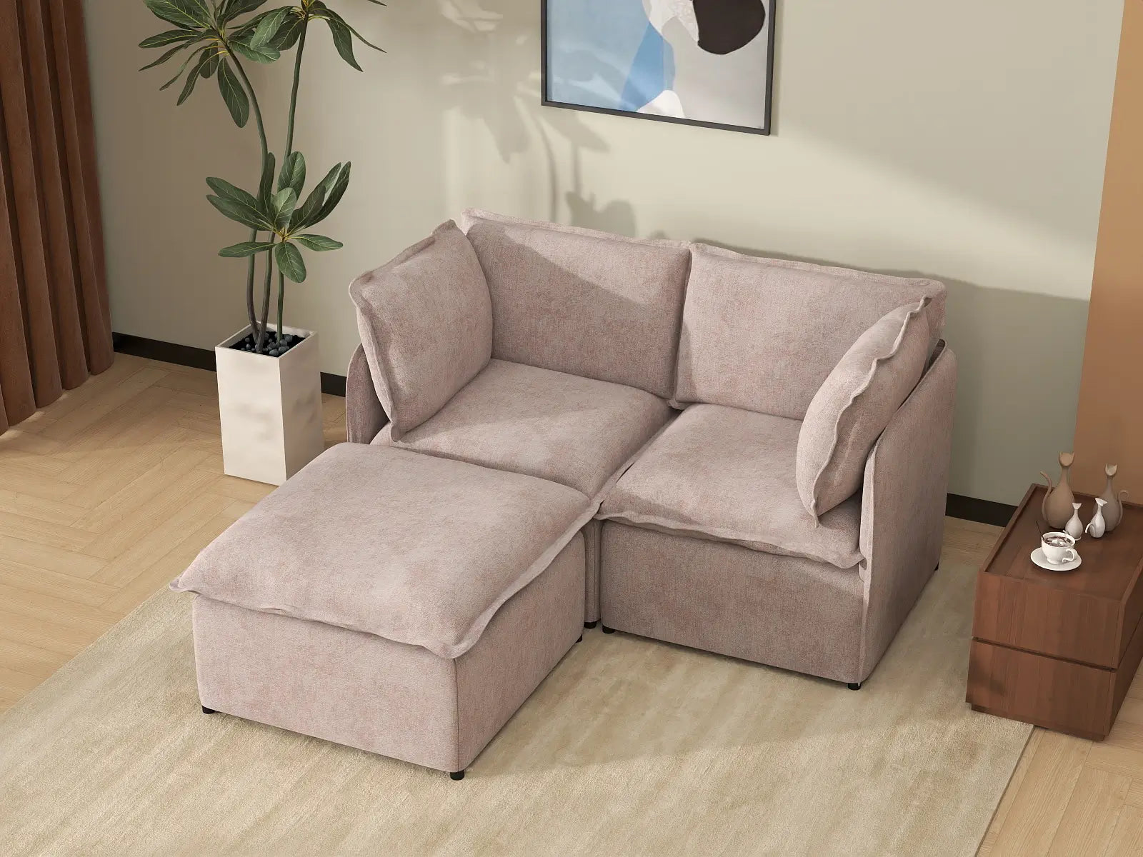Deluxe Cloud 2-Seater Khaki Chaise Sectional | 3-Piece (Includes 1 Ottoman), Linen Look Poly Fabric, Washable Cushion Covers