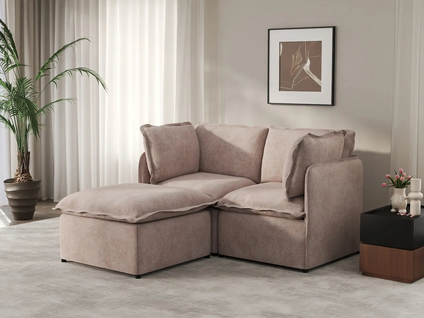 Deluxe Cloud 2-Seater Khaki Chaise Sectional | 3-Piece (Includes 1 Ottoman), Linen Look Poly Fabric, Washable Cushion Covers