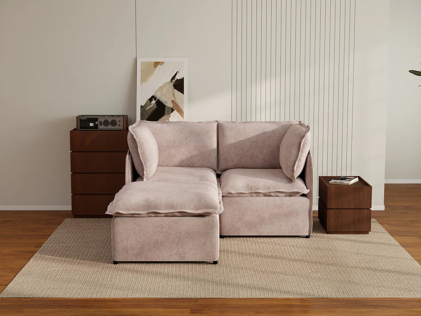 Deluxe Cloud 2-Seater Khaki Chaise Sectional | 3-Piece (Includes 1 Ottoman), Linen Look Poly Fabric, Washable Cushion Covers
