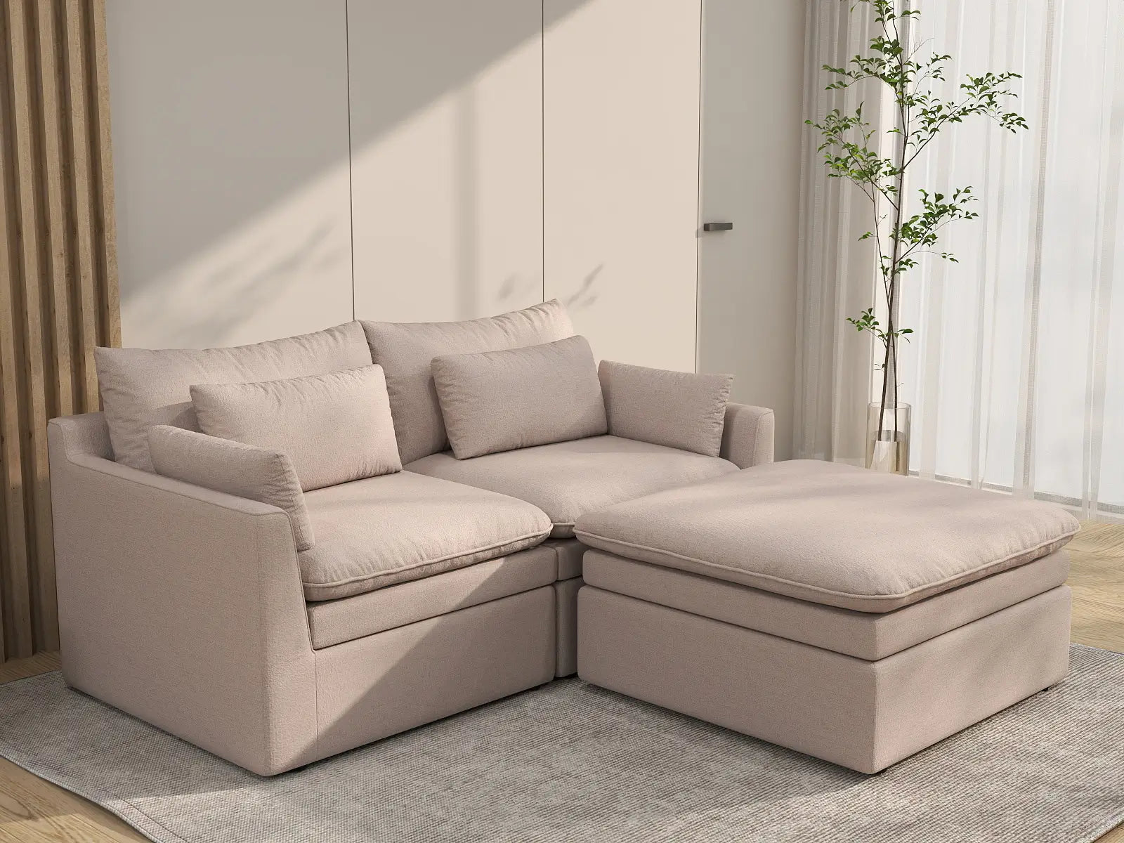 Deluxe Cloud 2-Seater Khaki Chaise Sectional | 3-Piece (Includes 1 Ottoman), Linen Look Poly Fabric, Washable Cushion Covers