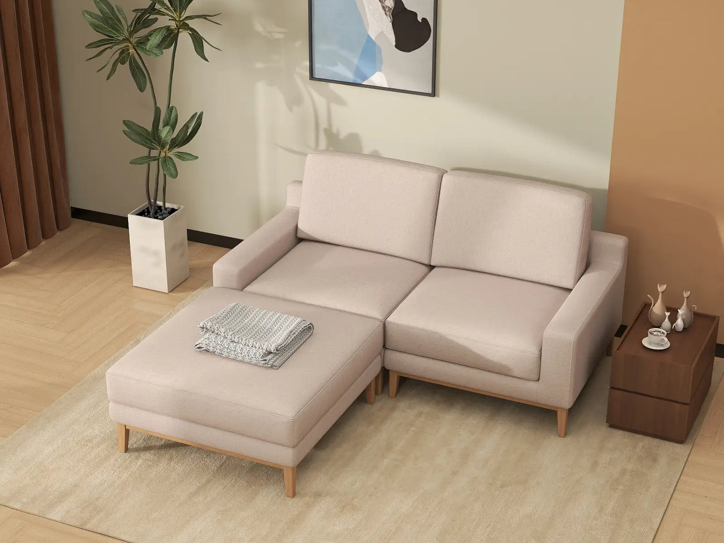Deluxe Cloud 2-Seater Khaki Chaise Sectional | 3-Piece (Includes 1 Ottoman), Linen Look Poly Fabric, Washable Cushion Covers