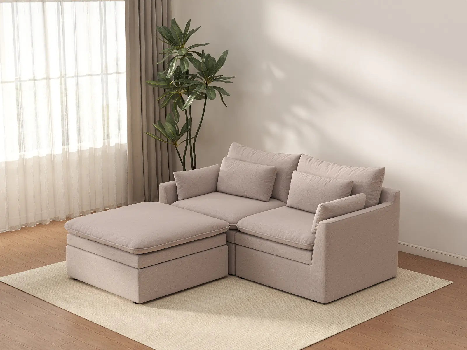Deluxe Cloud 2-Seater Khaki Chaise Sectional | 3-Piece (Includes 1 Ottoman), Linen Look Poly Fabric, Washable Cushion Covers