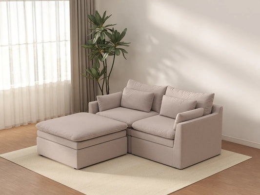 Deluxe Cloud 2-Seater Khaki Chaise Sectional | 3-Piece (Includes 1 Ottoman), Linen Look Poly Fabric, Washable Cushion Covers