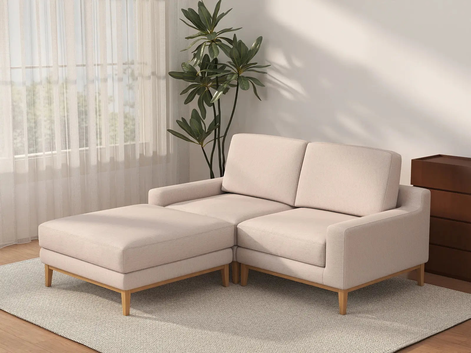 Deluxe Cloud 2-Seater Khaki Chaise Sectional | 3-Piece (Includes 1 Ottoman), Linen Look Poly Fabric, Washable Cushion Covers