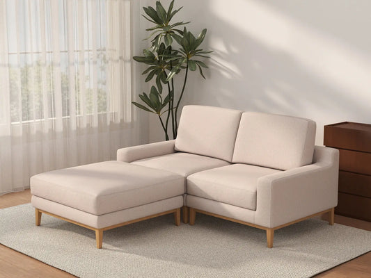 Deluxe Cloud 2-Seater Khaki Chaise Sectional | 3-Piece (Includes 1 Ottoman), Linen Look Poly Fabric, Washable Cushion Covers