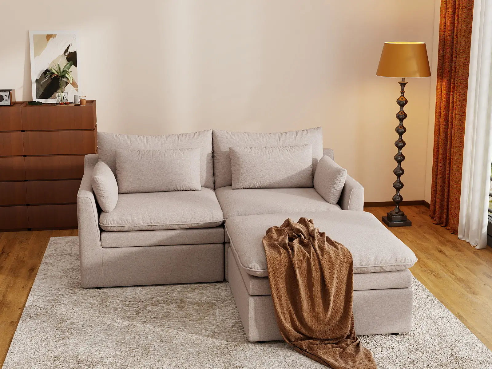 Deluxe Cloud 2-Seater Khaki Chaise Sectional | 3-Piece (Includes 1 Ottoman), Linen Look Poly Fabric, Washable Cushion Covers