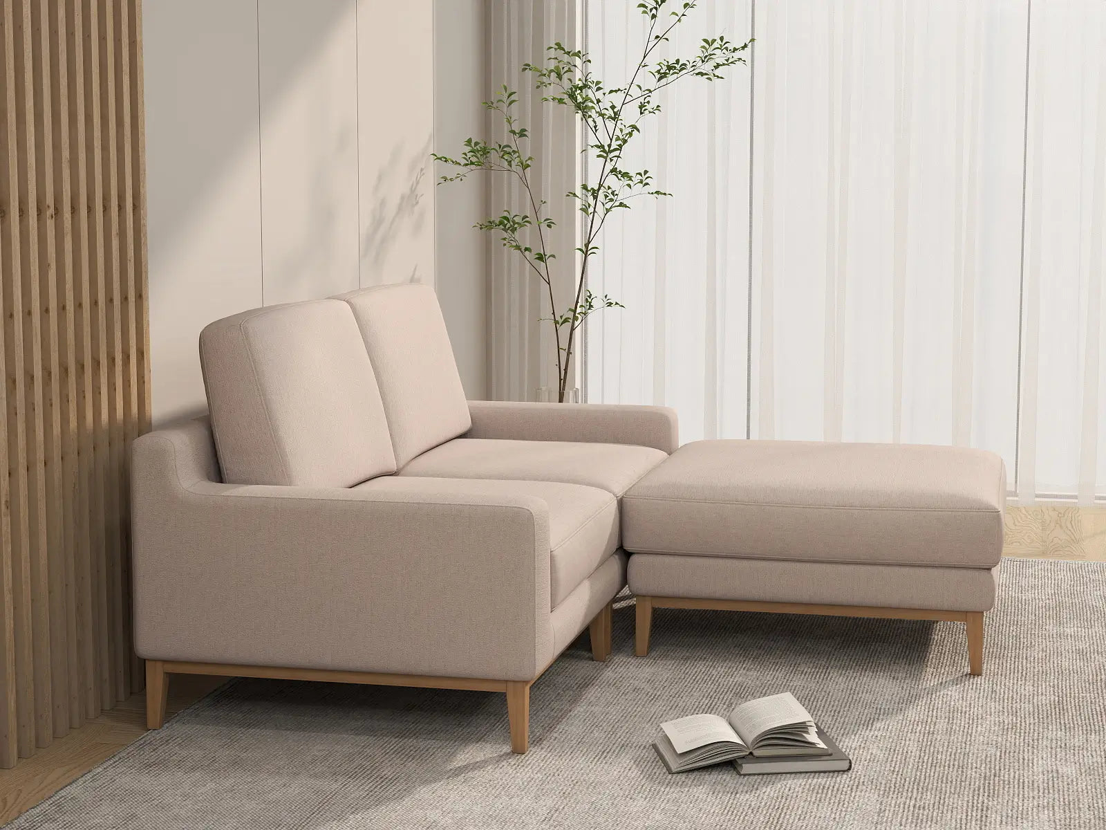 Deluxe Cloud 2-Seater Khaki Chaise Sectional | 3-Piece (Includes 1 Ottoman), Linen Look Poly Fabric, Washable Cushion Covers