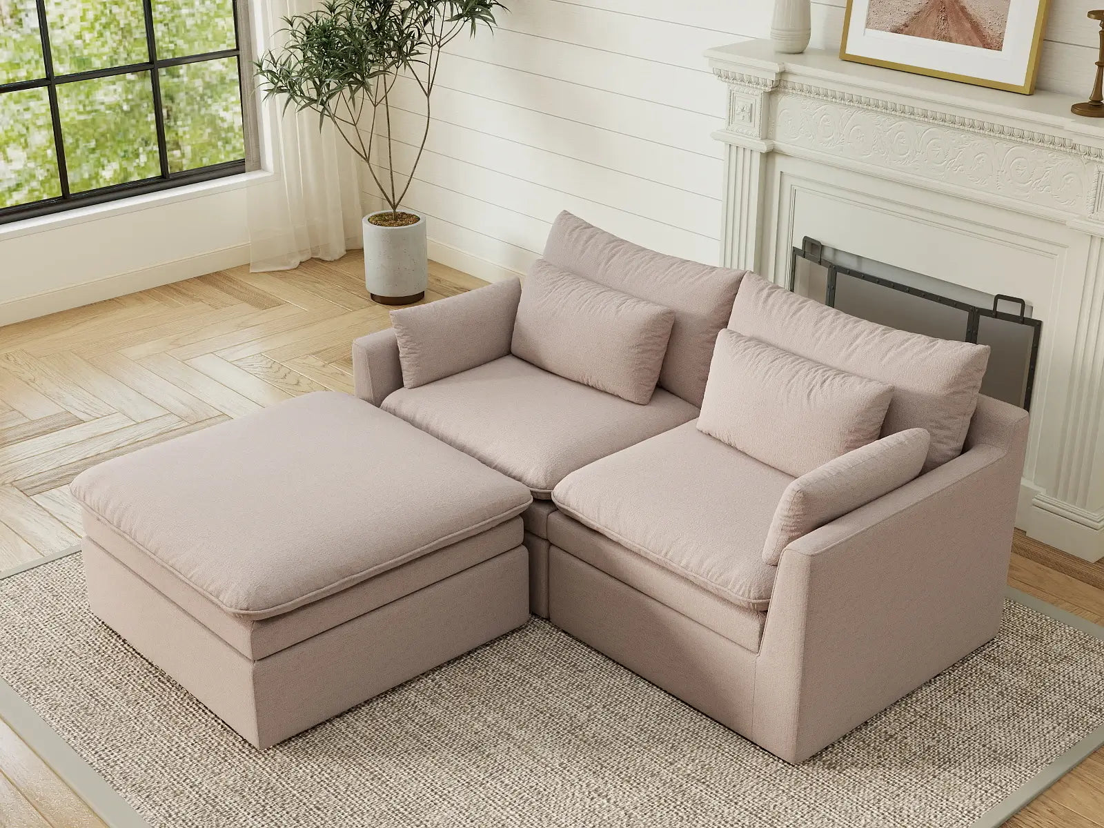 Deluxe Cloud 2-Seater Khaki Chaise Sectional | 3-Piece (Includes 1 Ottoman), Linen Look Poly Fabric, Washable Cushion Covers