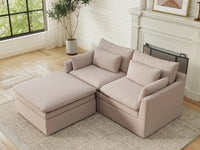 Deluxe Cloud 2-Seater Khaki Chaise Sectional | 3-Piece (Includes 1 Ottoman), Linen Look Poly Fabric, Washable Cushion Covers