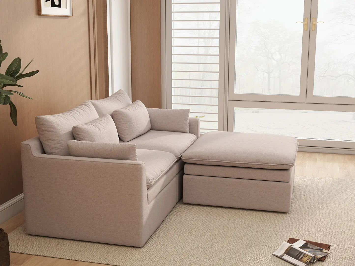 Deluxe Cloud 2-Seater Khaki Chaise Sectional | 3-Piece (Includes 1 Ottoman), Linen Look Poly Fabric, Washable Cushion Covers