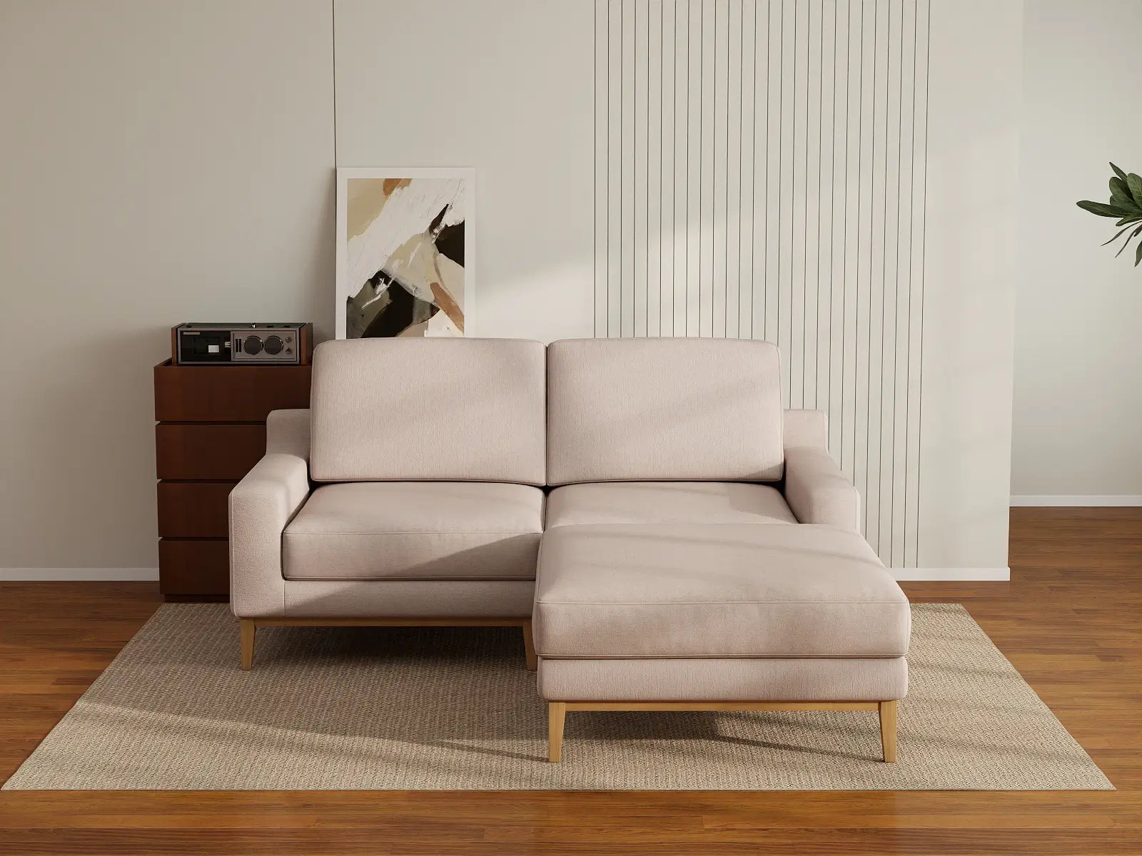 Deluxe Cloud 2-Seater Khaki Chaise Sectional | 3-Piece (Includes 1 Ottoman), Linen Look Poly Fabric, Washable Cushion Covers