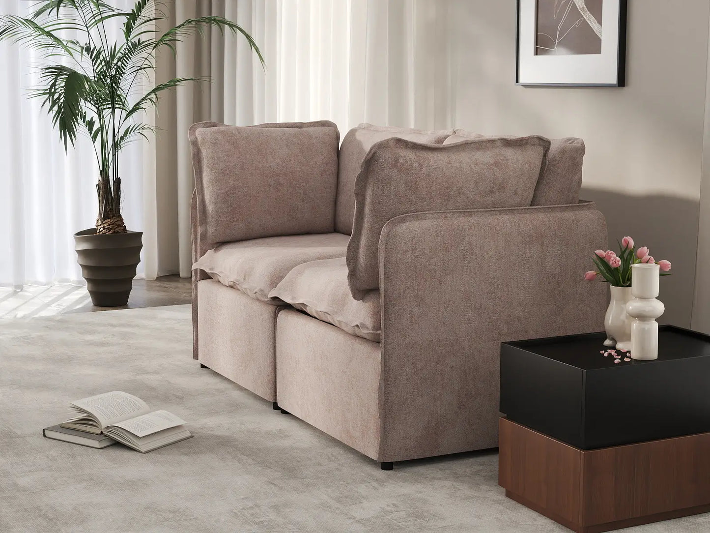 Deluxe Cloud 2-Seater Khaki Loveseat | 2-Piece, Linen Look Poly Fabric, Washable Cushion Covers