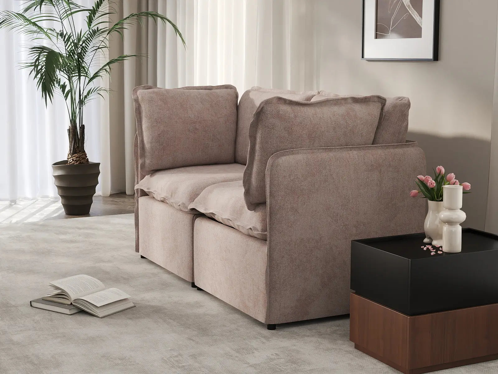 Deluxe Cloud 2-Seater Khaki Loveseat | 2-Piece, Linen Look Poly Fabric, Washable Cushion Covers