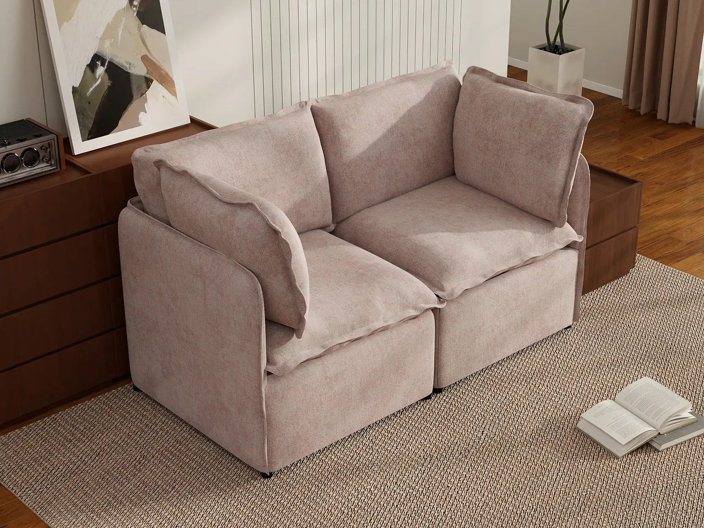 Deluxe Cloud 2-Seater Khaki Loveseat | 2-Piece, Linen Look Poly Fabric, Washable Cushion Covers