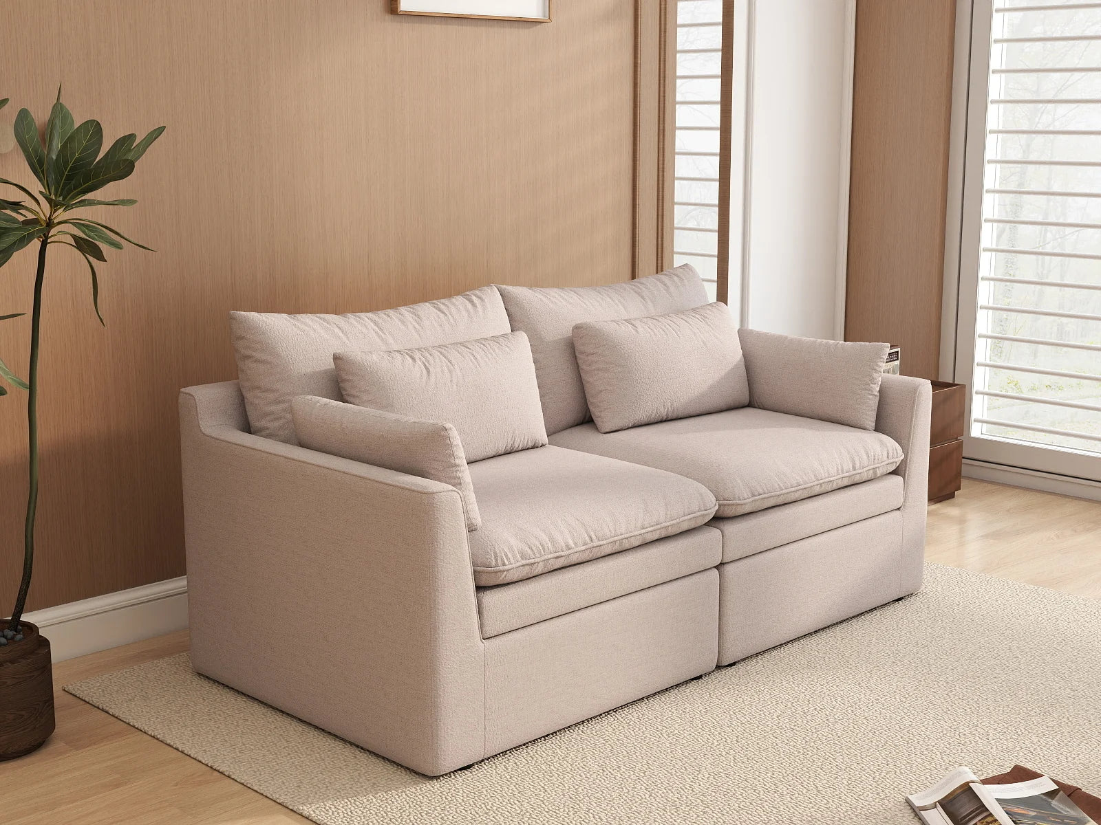 Deluxe Cloud 2-Seater Khaki Loveseat | 2-Piece, Linen Look Poly Fabric, Washable Cushion Covers