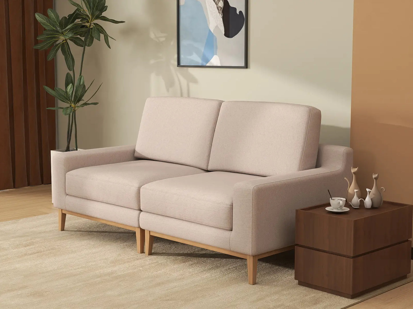 Deluxe Cloud 2-Seater Khaki Loveseat | 2-Piece, Linen Look Poly Fabric, Washable Cushion Covers