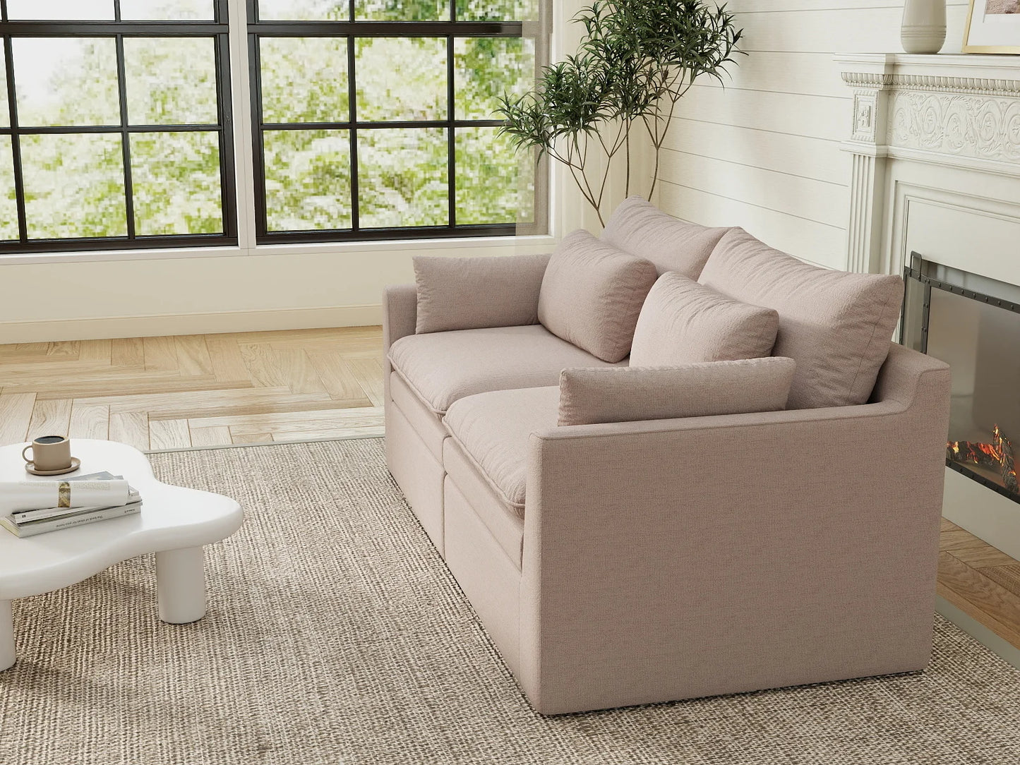 Deluxe Cloud 2-Seater Khaki Loveseat | 2-Piece, Linen Look Poly Fabric, Washable Cushion Covers
