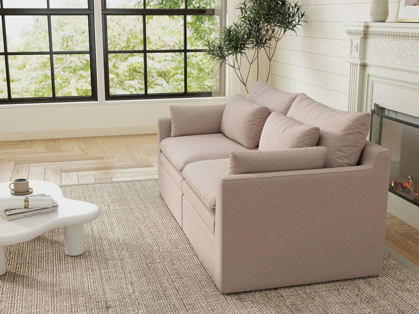 Deluxe Cloud 2-Seater Khaki Loveseat | 2-Piece, Linen Look Poly Fabric, Washable Cushion Covers