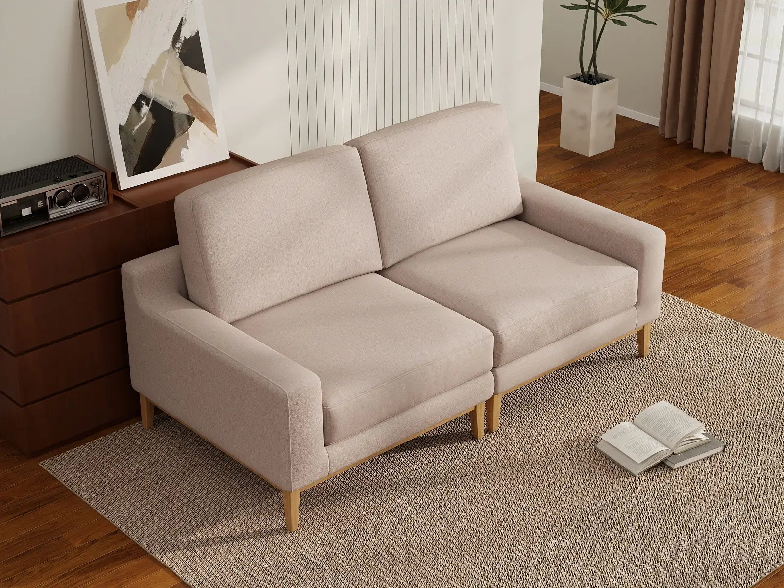 Deluxe Cloud 2-Seater Khaki Loveseat | 2-Piece, Linen Look Poly Fabric, Washable Cushion Covers