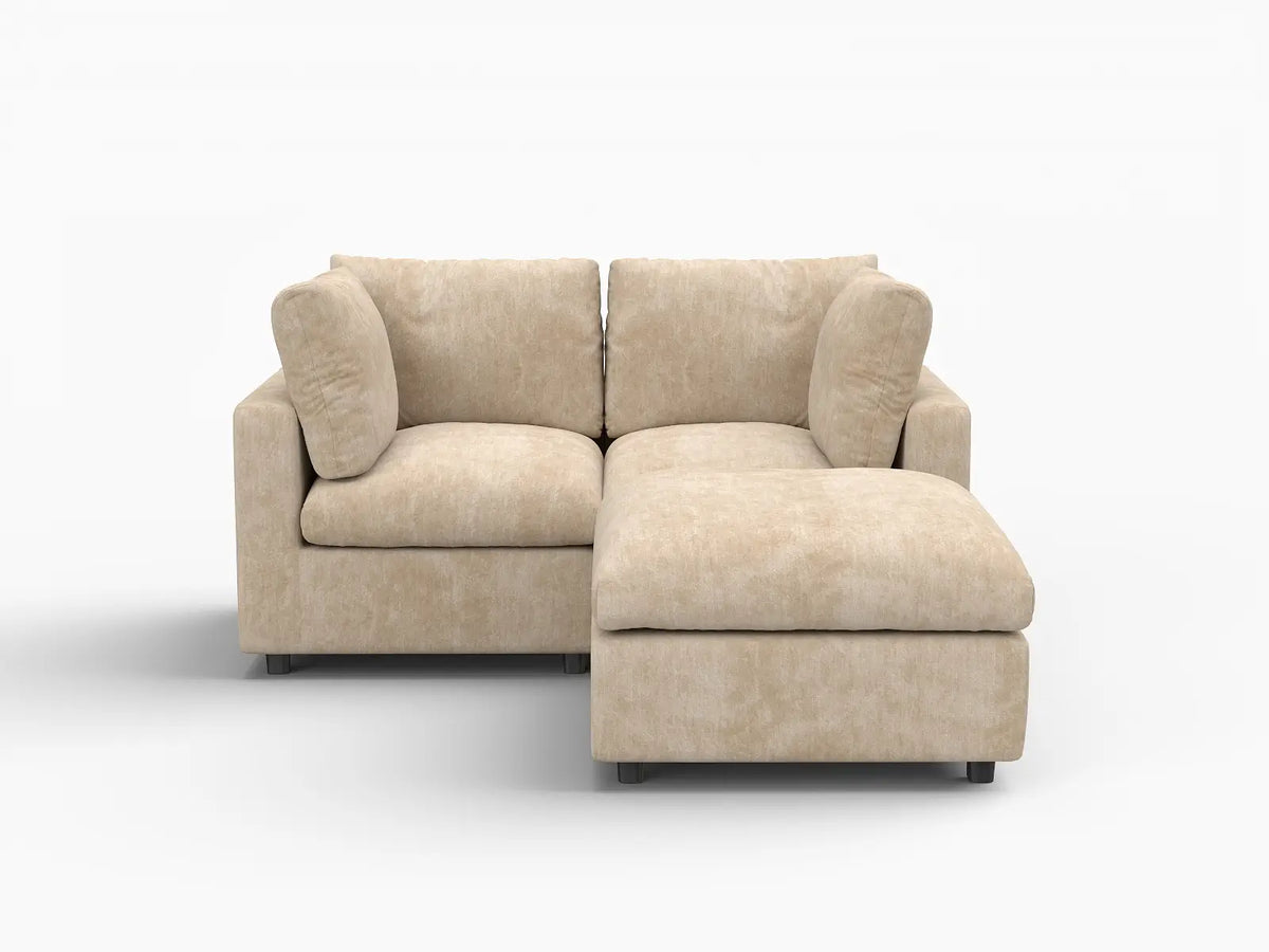 Deluxe Cloud 2-Seater Khaki Small Space Chaise Sectional | 3-Piece (Includes 1 Ottoman), Linen-Blend Chenille Fabric, Easy To Clean
