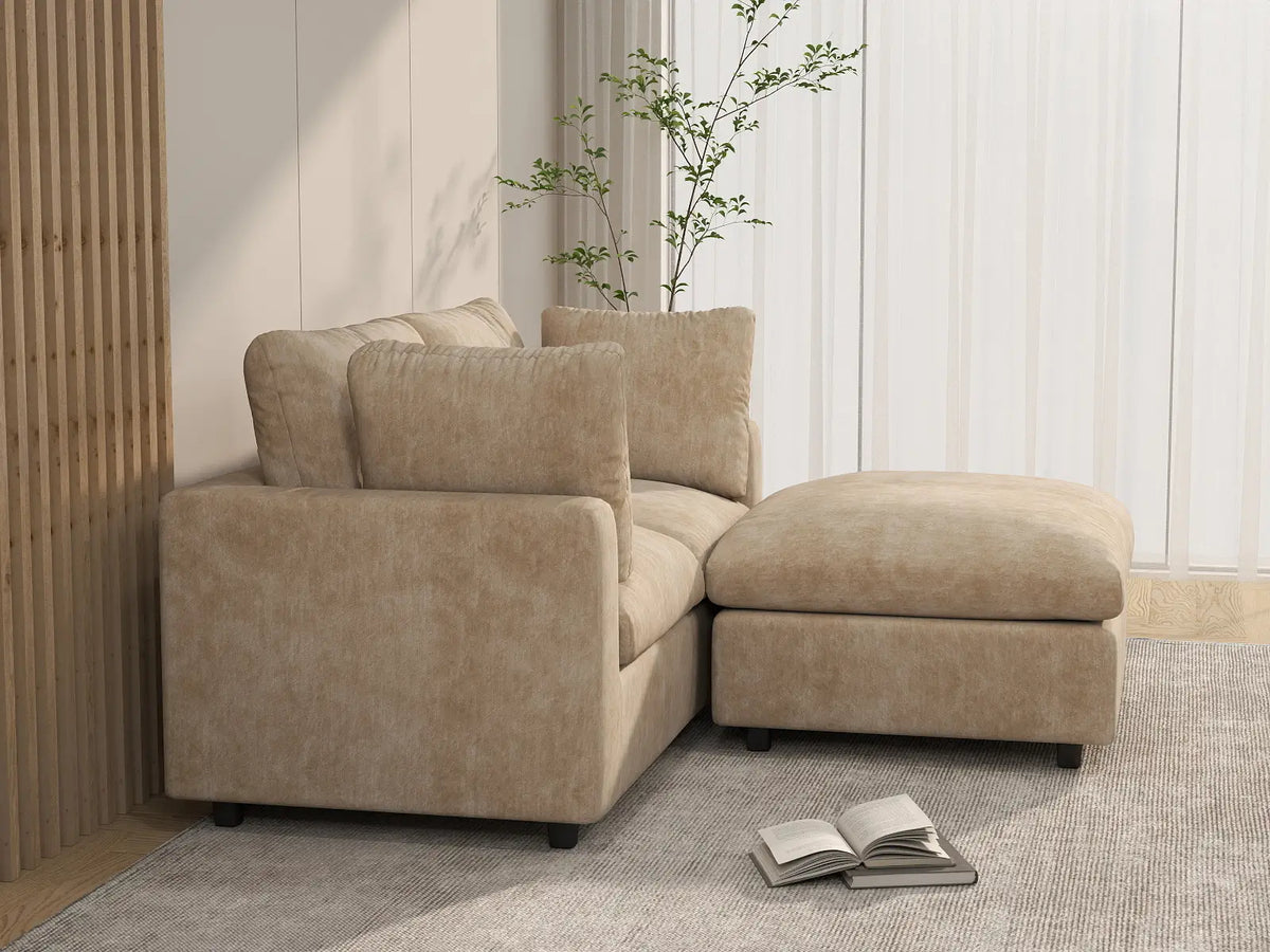 Deluxe Cloud 2-Seater Khaki Small Space Chaise Sectional | 3-Piece (Includes 1 Ottoman), Linen-Blend Chenille Fabric, Easy To Clean