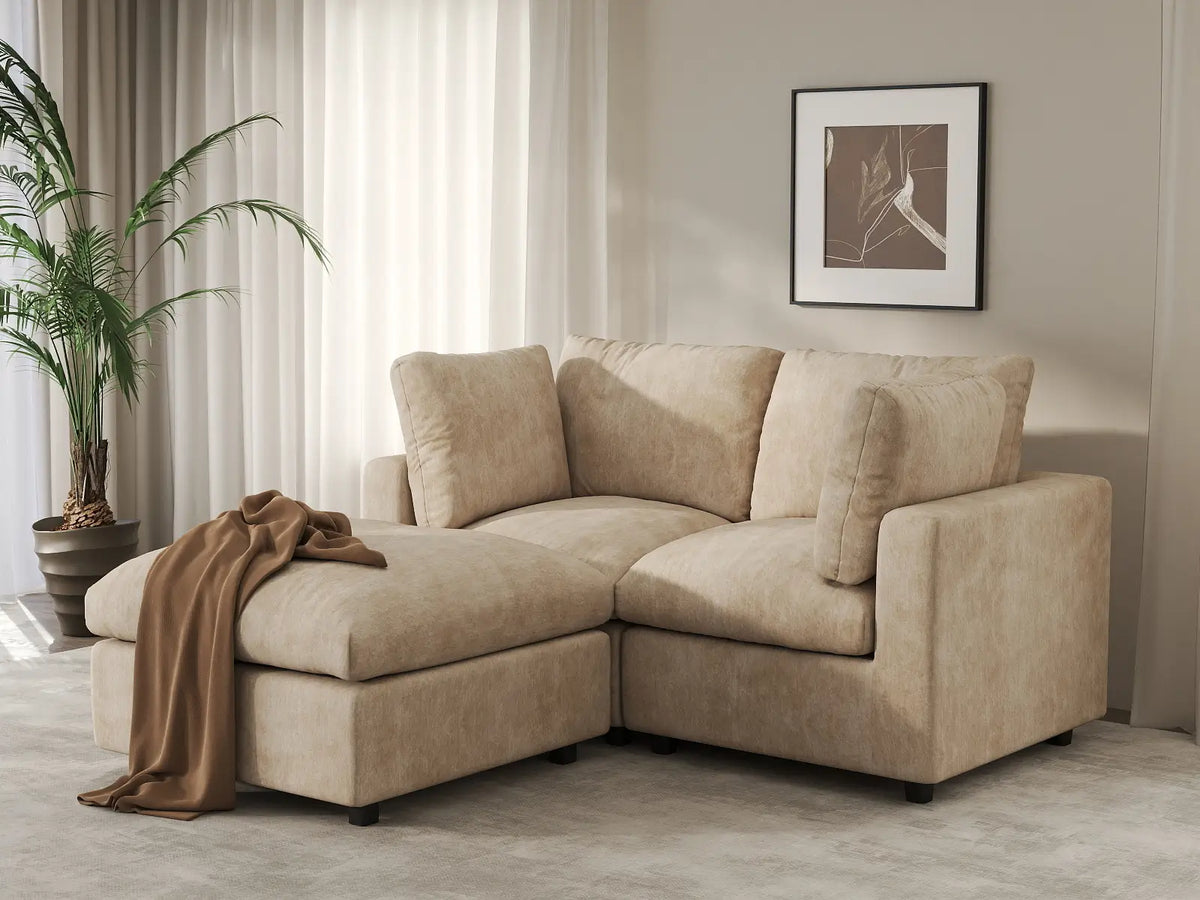 Deluxe Cloud 2-Seater Khaki Small Space Chaise Sectional | 3-Piece (Includes 1 Ottoman), Linen-Blend Chenille Fabric, Easy To Clean