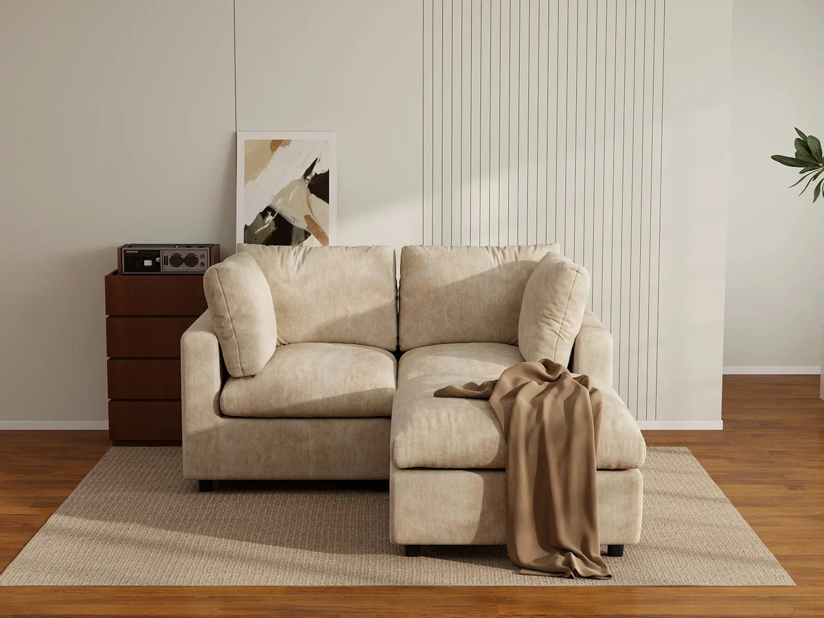Deluxe Cloud 2-Seater Khaki Small Space Chaise Sectional | 3-Piece (Includes 1 Ottoman), Linen-Blend Chenille Fabric, Easy To Clean