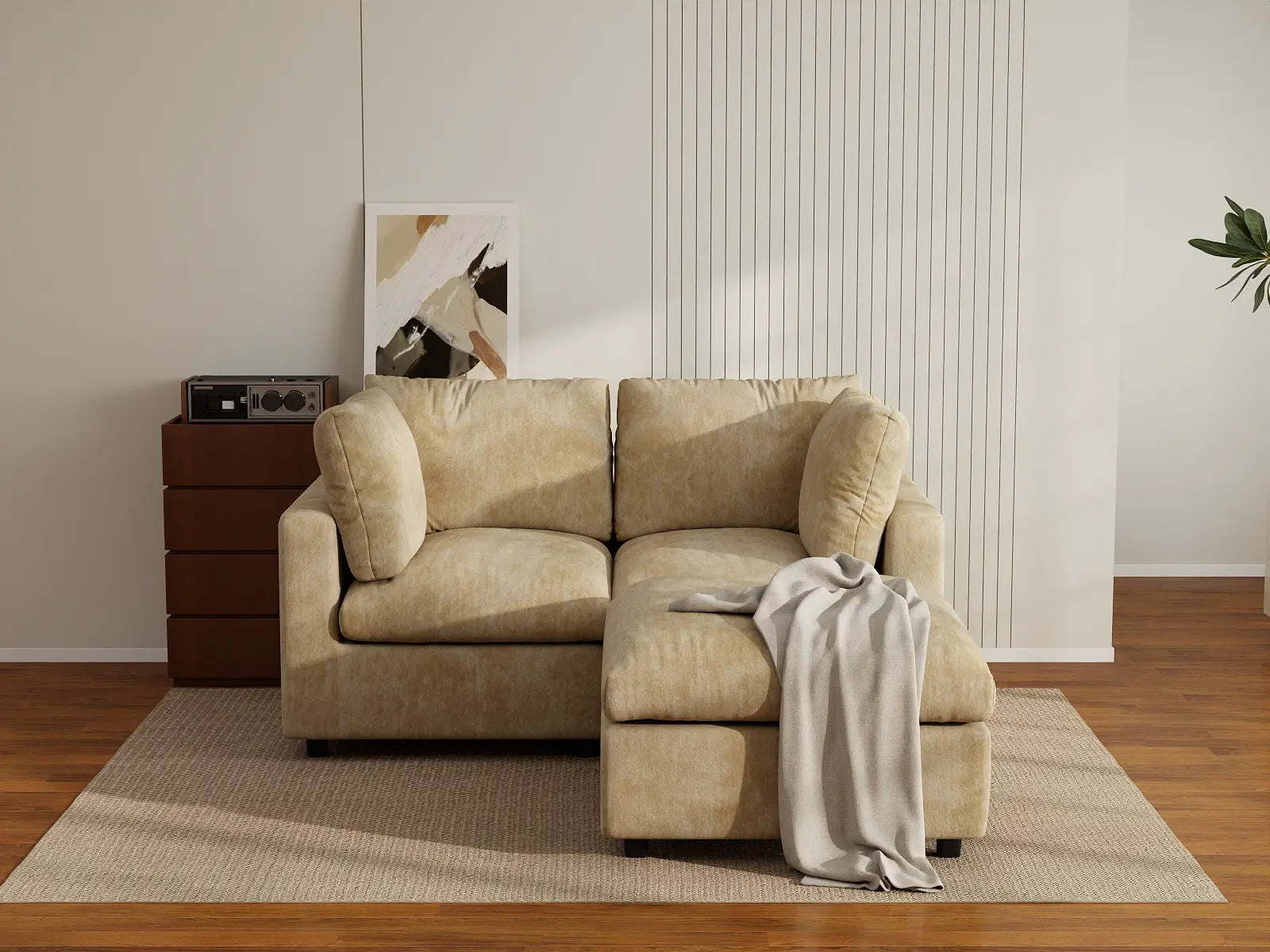 Seccional Chaise Nube Deluxe de 2 plazas color Caqui para espacios pequeños | 3 piezas (incluye 1 otomana), tela de chenilla mezcla de lino, fácil de limpiar
