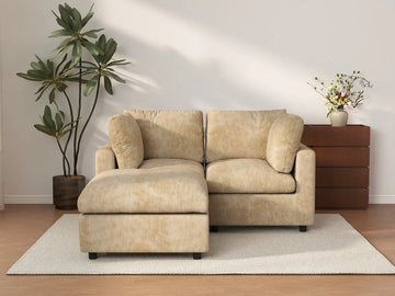 Deluxe Cloud 2-Seater Khaki Small Space Chaise Sectional | 3-Piece (Includes 1 Ottoman), Linen-Blend Chenille Fabric, Easy To Clean