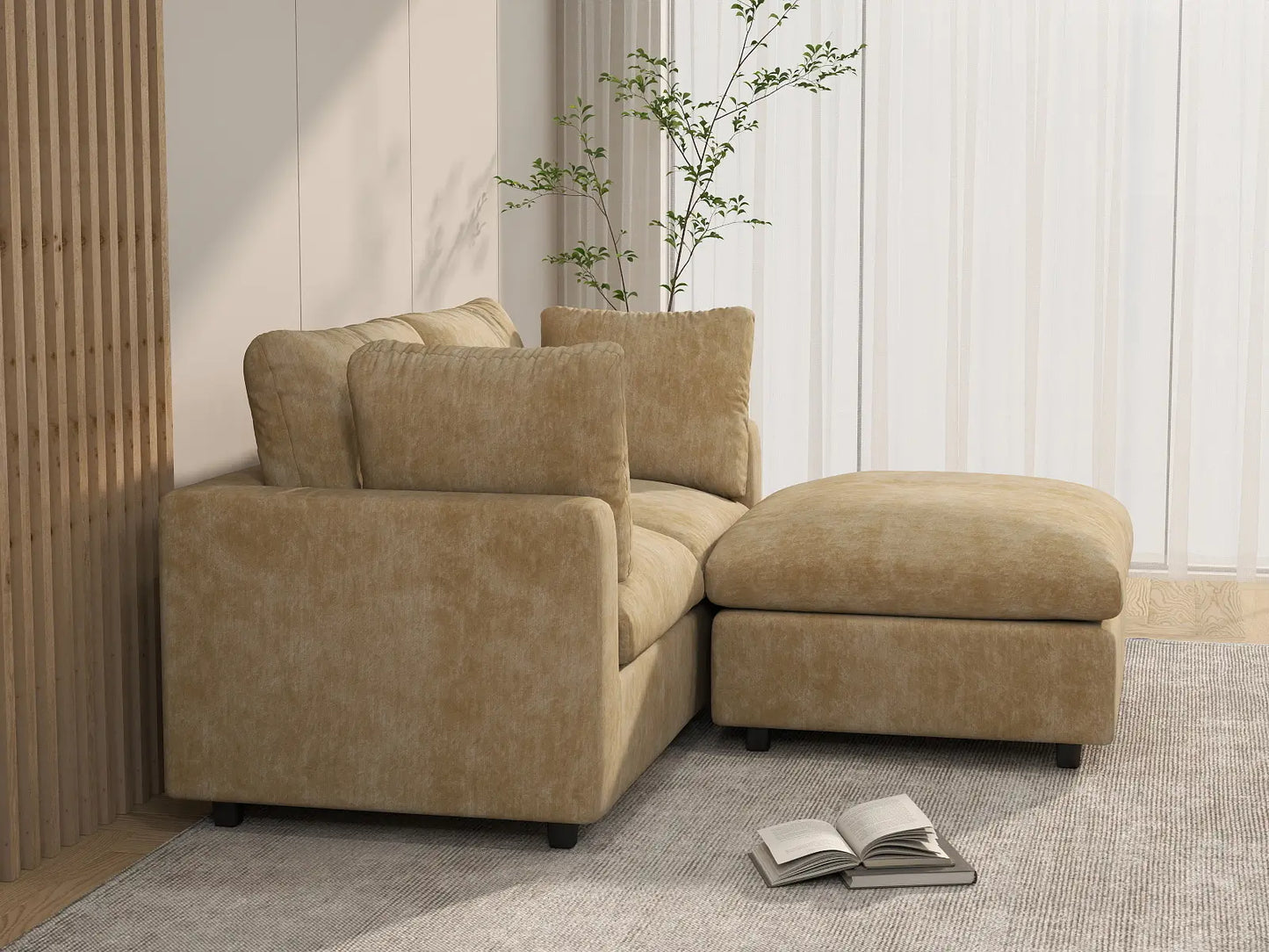 Seccional Chaise Nube Deluxe de 2 plazas color Caqui para espacios pequeños | 3 piezas (incluye 1 otomana), tela de chenilla mezcla de lino, fácil de limpiar
