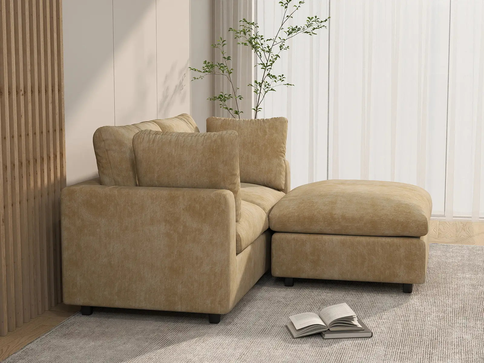 Seccional Chaise Nube Deluxe de 2 plazas color Caqui para espacios pequeños | 3 piezas (incluye 1 otomana), tela de chenilla mezcla de lino, fácil de limpiar