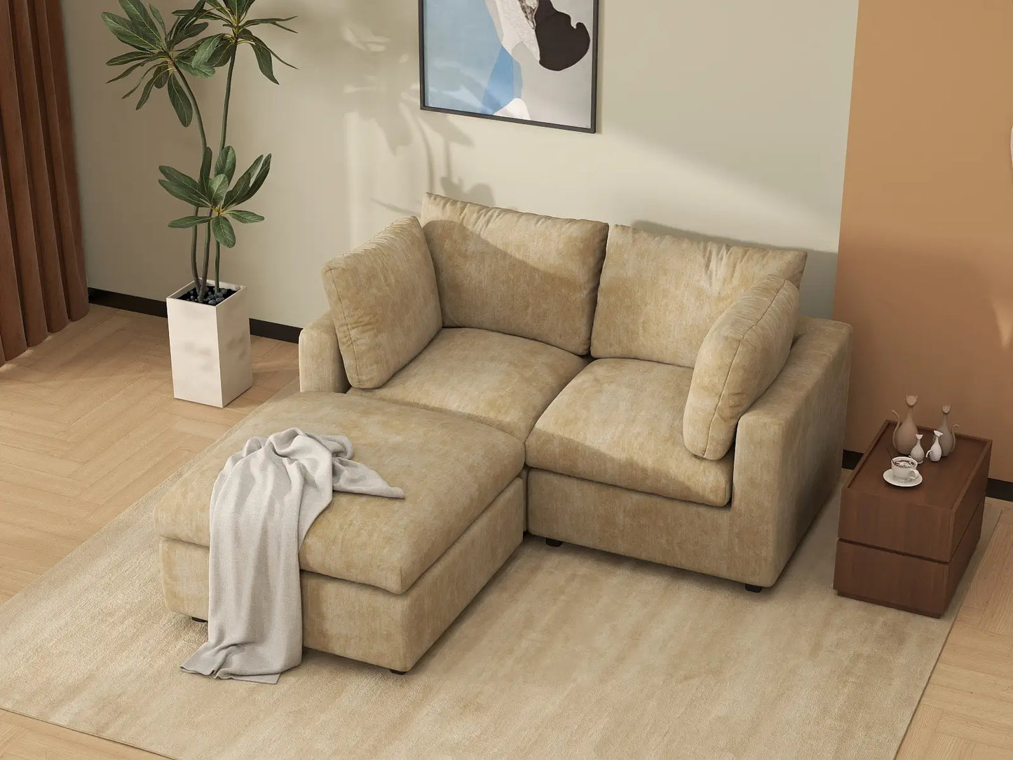 Seccional Chaise Nube Deluxe de 2 plazas color Caqui para espacios pequeños | 3 piezas (incluye 1 otomana), tela de chenilla mezcla de lino, fácil de limpiar