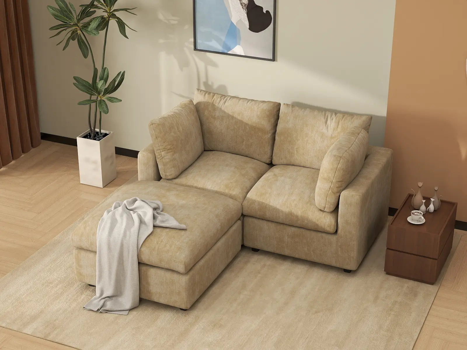 Seccional Chaise Nube Deluxe de 2 plazas color Caqui para espacios pequeños | 3 piezas (incluye 1 otomana), tela de chenilla mezcla de lino, fácil de limpiar