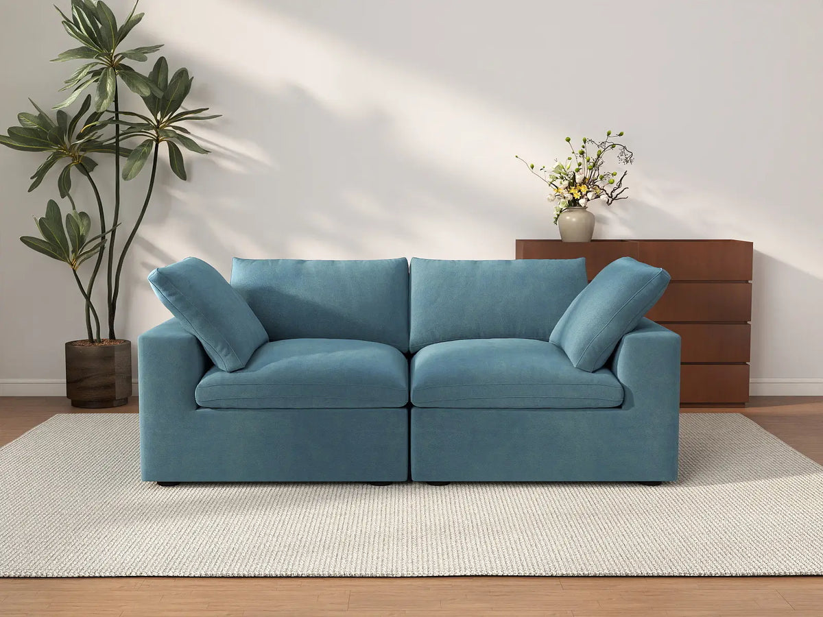 Deluxe Cloud 2-Seater Light Blue Loveseat | 2-Piece, Velvet Fabric, Small Space Seating, Washable Cushion Covers