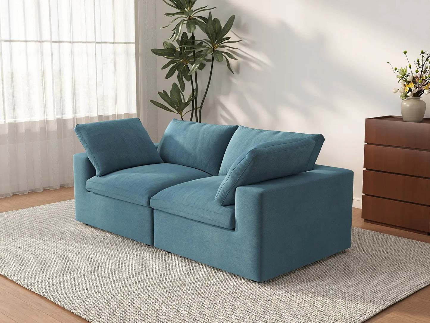 Deluxe Cloud 2-Seater Light Blue Loveseat | 2-Piece, Velvet Fabric, Small Space Seating, Washable Cushion Covers