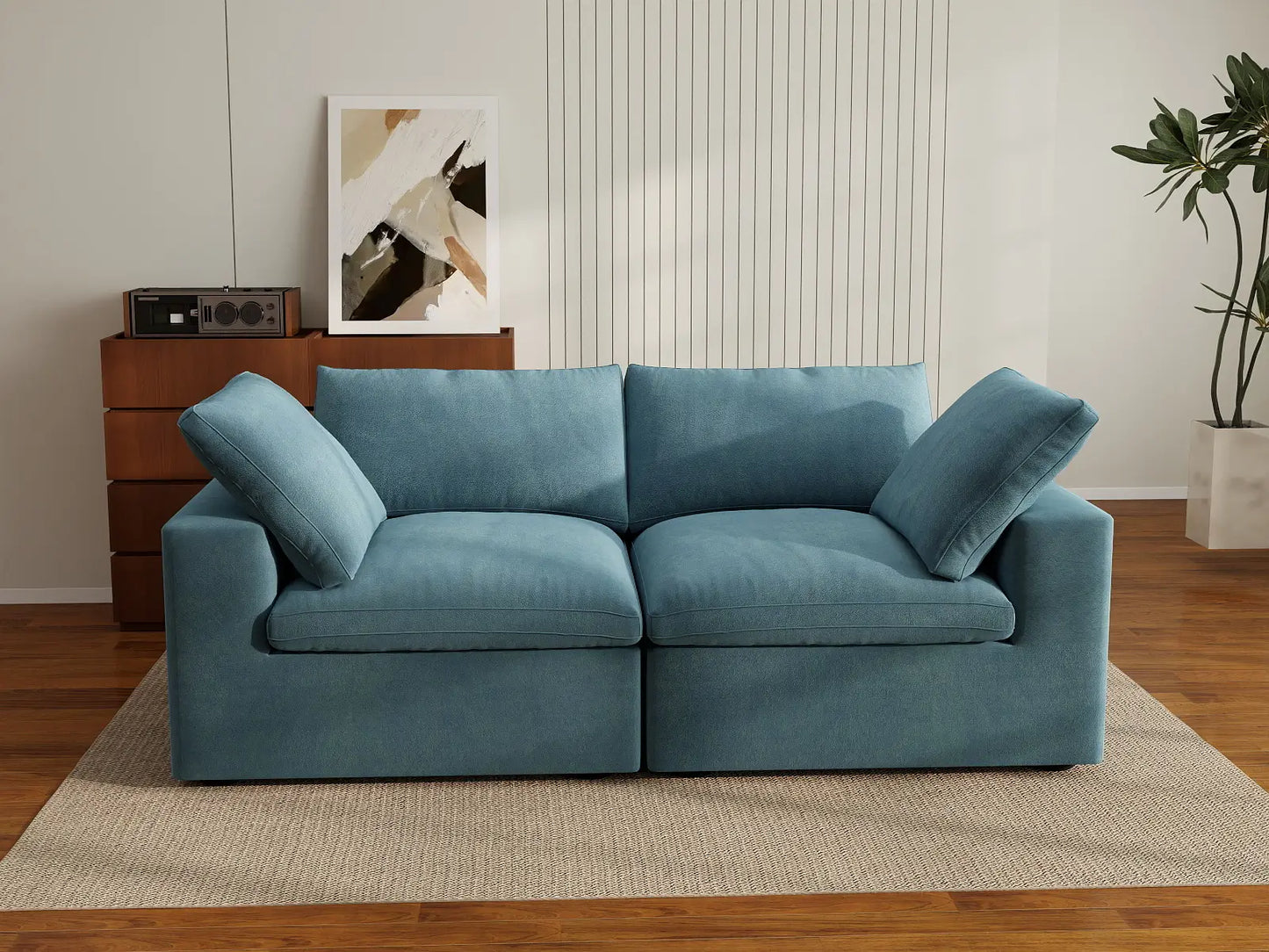 Deluxe Cloud 2-Seater Light Blue Loveseat | 2-Piece, Velvet Fabric, Small Space Seating, Washable Cushion Covers