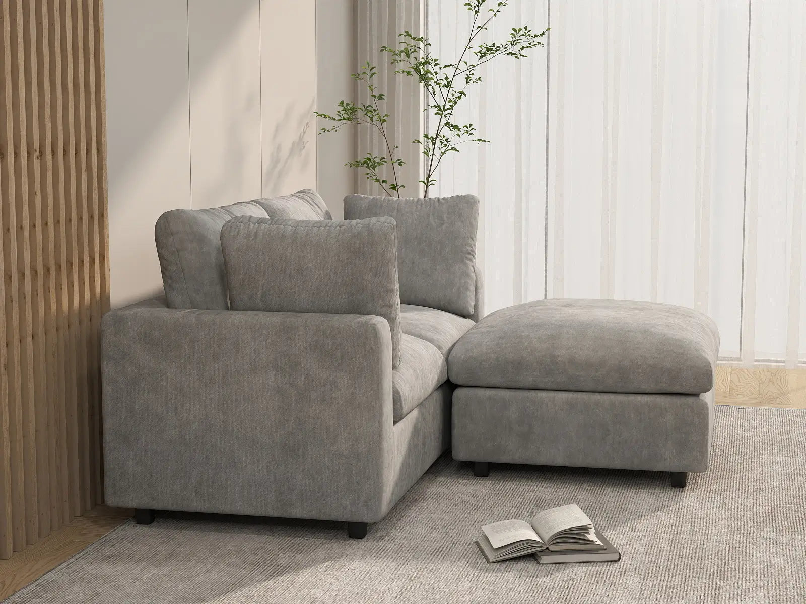Sofá esquinero reclinable Deluxe Cloud de 2 plazas, gris claro | 3 piezas (incluye 1 otomana), tejido de chenilla de lino, fundas de cojín lavables