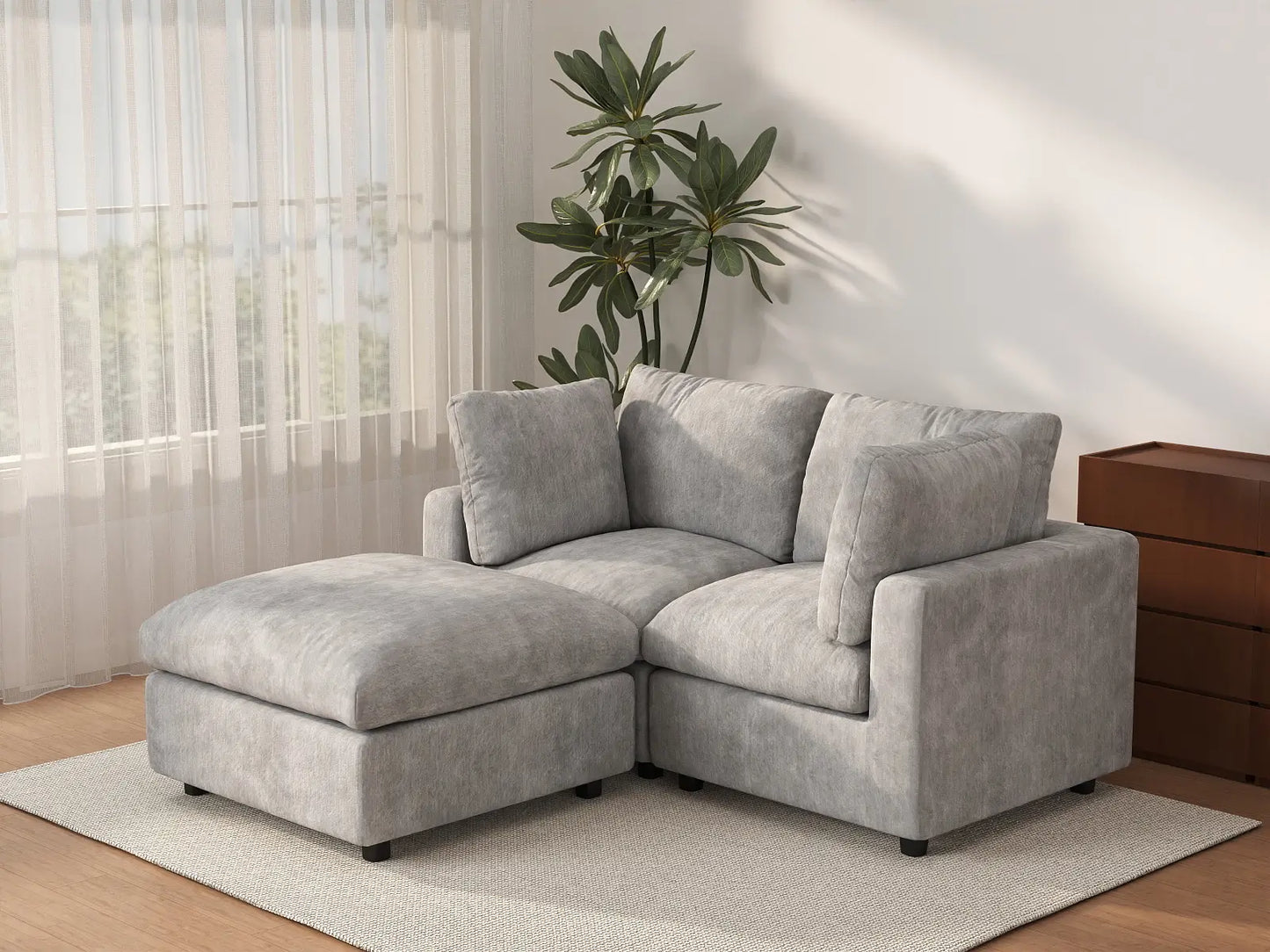 Sofá esquinero reclinable Deluxe Cloud de 2 plazas, gris claro | 3 piezas (incluye 1 otomana), tejido de chenilla de lino, fundas de cojín lavables